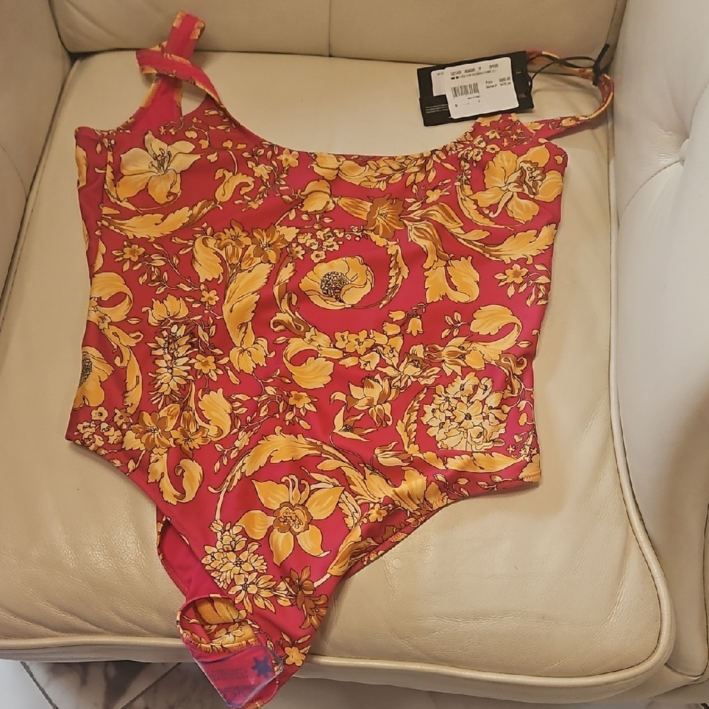 Versace Red and Yellow Baroque Floral One-Piece Swimsuit